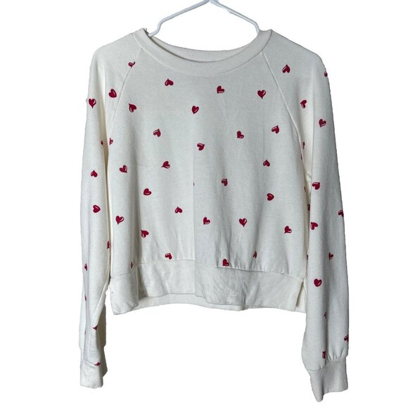 Women’s Size M Crop Sweater Heart Print Ivory Pink Trending Casual Sweater’s - Picture 1 of 8